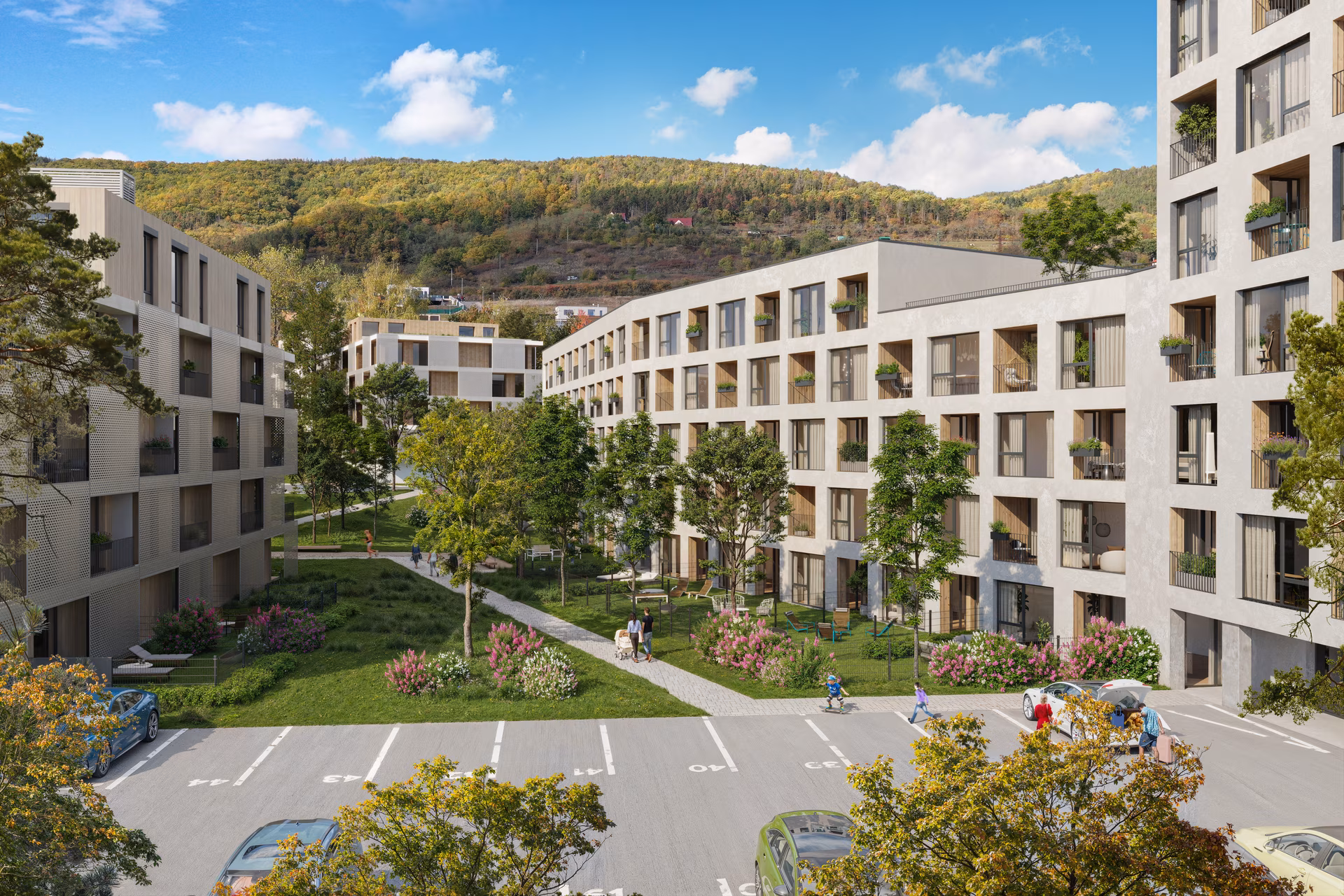 Moderní rezidenční komplex obklopený zelení